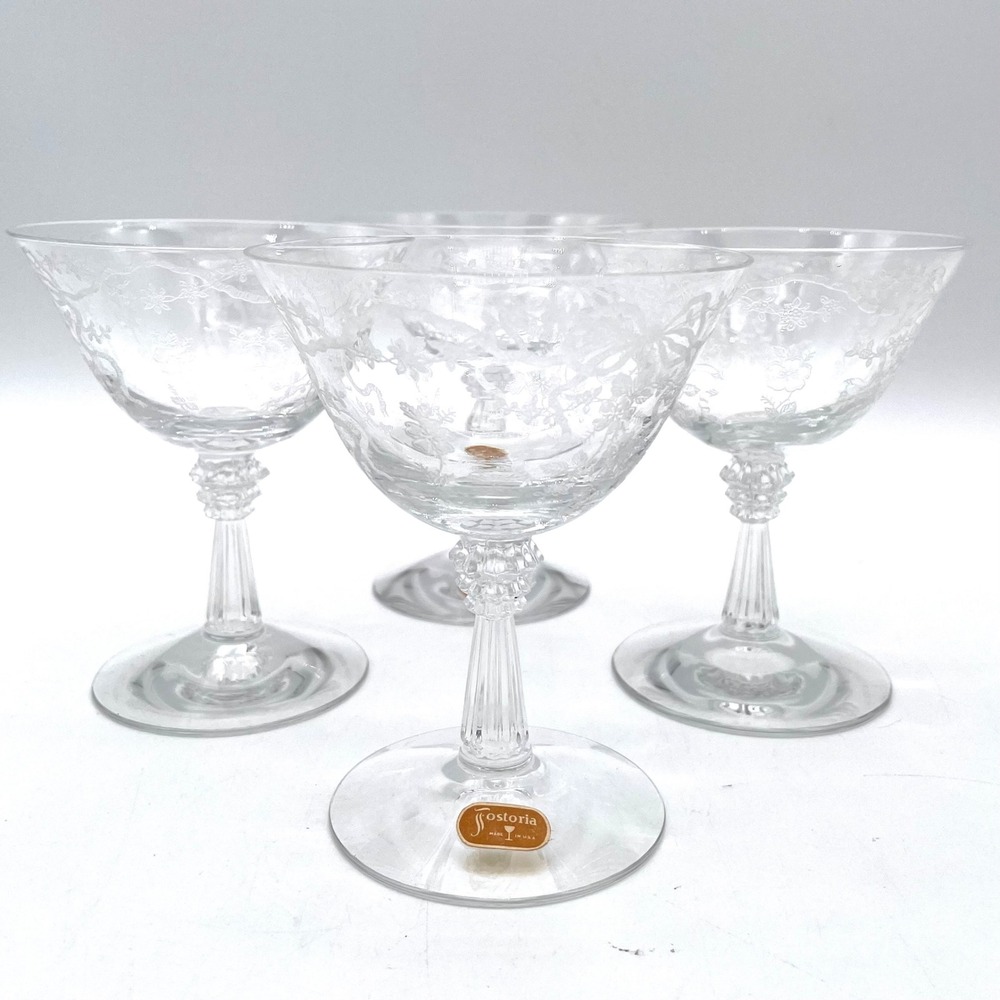 Fostoria Romance Etched Glass Champagne Coupe Set 4 Clear Vintage Excellent